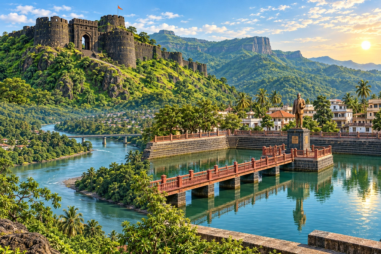 Illustrated panorama inspired by Raigad Fort, Chavdar Tale and the Savitri valley in Mahad